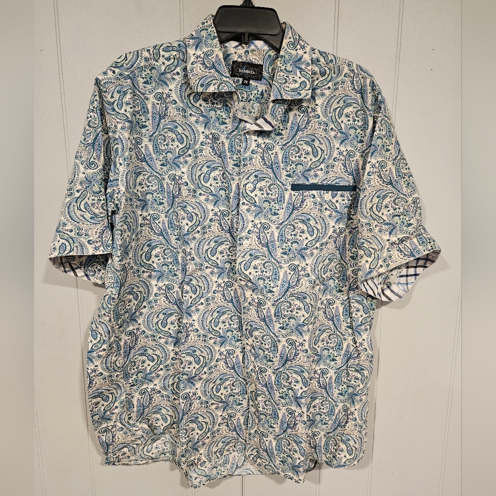 Sambuca Mens 2XL Blue Beige Paisley Cotton Short Sleeve Button Up Casual Shirt